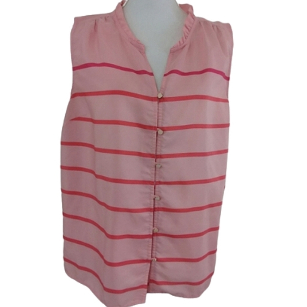 Tommy Hilfiger Peach Pink Striped Sleeveless Blouse Lightweight Sweet V-neck Top